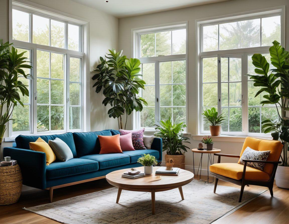 A cozy living room with a blend of modern and vintage furniture, adorned with lush indoor plants and soft natural lighting. Showcase an inviting arrangement of colorful cushions on a stylish sofa and a coffee table with vibrant decor items. Include a window view of a sunny garden, conveying warmth and tranquility. Emphasize harmony, comfort, and happiness in the design. super-realistic. vibrant colors. warm tones.