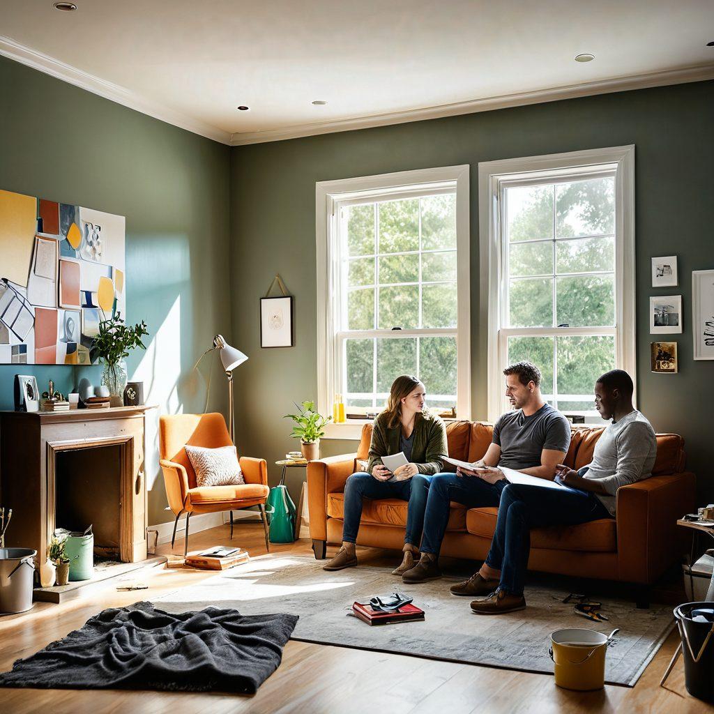 A cozy and stylish living room being transformed with a professional contractor giving advice to a couple, surrounded by tools, paint cans, and design samples. Bright sunlight streaming through a large window, showcasing a mini transformation process on a wall with before-and-after visuals. Emphasize warmth, collaboration, and creativity in home improvement. super-realistic. vibrant colors. modern aesthetics.